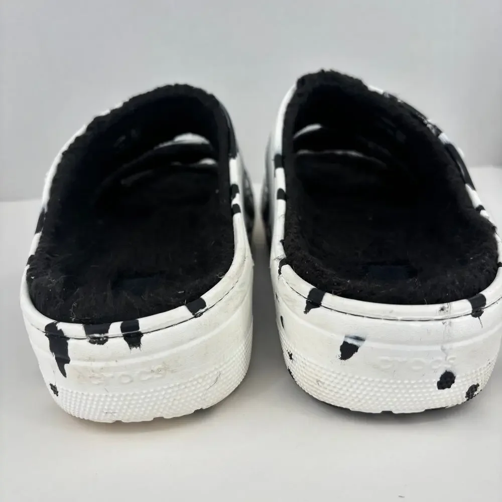 Crocs Classic Cozzzy Sandals Mens Size 14 Faux Fur Lined Black‎ White Marbled